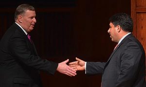 President Manuel greets Mayor Ballard at the State of the City address.