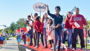 Homecoming festivities: the golf cart parade makes its way down Hanna Avenue on October 8, 2016. (Photo by D. Todd Moore, University of Indianapolis)