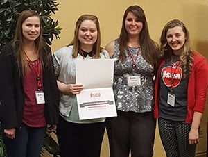 L to R: Molly Beal, recognized as an Outstanding Senior Leader, Molly Wolfe, recognized as ISEA scholar, current ISEA President Mikaela Gerba from Trine University, and Lyndsy Eslinger, newly elected ISEA President and J.D Miller Outstanding Local Student Leader Award winner