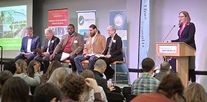 Panel moderated by Linda Broadfoot, Indy Parks Director, talks about "5 Big Ideas that Transformed Indianapolis" during the The Richard H. Fairbanks Symposium on Civic Leadership was held at the UIndy Schwitzer Center on March 3, 2017. This year's theme: Building Vibrant Cities Through Greenspaces and Parks, presented by the University of Indianapolis' Institute for Civic Leadership and Mayoral Archives in partnership with Indiana Humanities, Keep Indianapolis Beautiful and Indy Parks. (Photo by D. Todd Moore, University of Indianapolis)