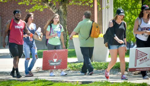 UIndy Day grab shot of signs on Smith Mall on April 25, 2017. (Photo by D. Todd Moore, University of Indianapolis)