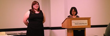 Erica White, left, with Prof. Kyoko Amano at the English Department Awards Banquet (April 2017)