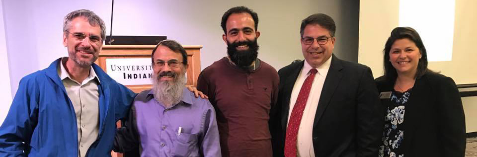 (L-R) Charlie Wiles, Center for Interfaith Cooperation, Rabbi Hannan Schlesinger, Antwan Saca, University of Indianapolis President Rob Manuel, JCRC Executive Director Lindsey Mintz 