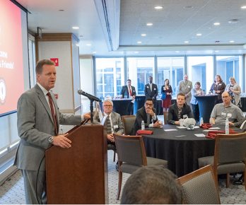 A brief program featured UIndy Board of Trustee member and Lilly employee Stephen Fry, UIndy President Rob Manuel and students Tyler Walden and Danielle Sparling, both of whom interned at Lilly. (Photo: D. Todd Moore, University of Indianapolis)