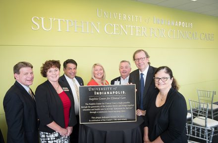 Dedication of the Sutphin Center for Clinical Care in the UIndy Health Pavilion on Thursday, August 24, 2017. Program and group photo at the end: Christopher Molloy VP for Advancement was MC with remarks from Stephen Kiley, Senior Vice President South Region for Community Hospitals, Dr. Stephanie Kelly, Dean College of Health Sciences (CHS), Ashley Boyer Mahin, NP '16, a family nurse practitioner, and Charles Sutphin. (Photo: D. Todd Moore, University of Indianapolis)