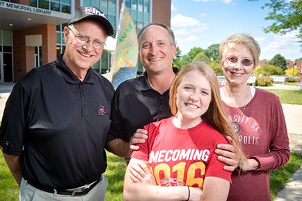 Brunnemer / Legacy Family (Jim '66, Lu '76, Kyle '92, Julia-current student). (Photo: D. Todd Moore, University of Indianapolis)