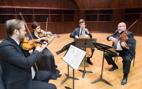 The Indianapolis Quartet (TIQ) photo session in the Ruth Lilly Performance Hall  on Tuesday, August 29, 2017.   TIQ is the resident string quartet at the University of Indianapolis and consists of prominent local classical musicians Zachary De Pue, Joana Genova, Michael Isaac Strauss, and Austin Huntington.  (Photo:  D. Todd Moore, University of Indianapolis)