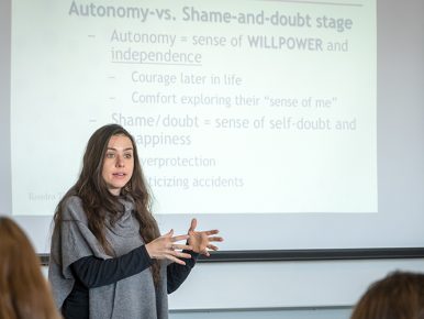 Psychology professor Kendra Thomas during her PSY (psychology) 245 lecture class in HEAL 407 on Monday, February 12, 2018. Pix taken for a story on her. (Photo: D. Todd Moore, University of Indianapolis)
