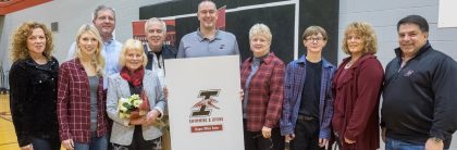 Recognition ceremony following a swimming and diving meet to honor donor Thomas Bryant  on Saturday, Jan. 20, 2018.  (Photo:  D. Todd Moore, University of Indianapolis)