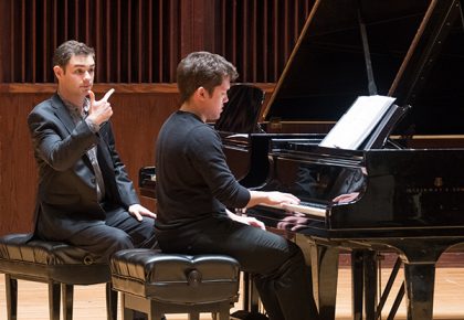 Drew Petersen master piano class with UIndy students at CDFAC on the Ruth Lilly Perfomance Hall stage on Wednesday, February 14, 2018. (Photo: D. Todd Moore, University of Indianapolis)