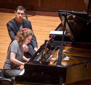 Drew Petersen master piano class with UIndy students at CDFAC on the Ruth Lilly Perfomance Hall stage on Wednesday, February 14, 2018. (Photo: D. Todd Moore, University of Indianapolis)