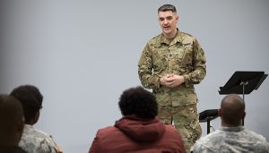 SSG Hilgert speaking to cast members of "The Falling and the Rising."