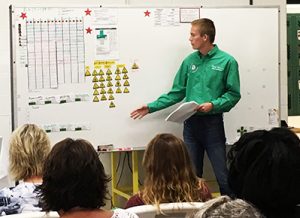 Grantees visit student-run Commodore Manufacturing at Perry Central Junior-Senior High School and listen to a student explain the organization of the assembly line.