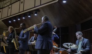 Photo: Jazz musician Rob Dixon plays with students and UIndy Jazz Faculty during Jazz Week 2019.