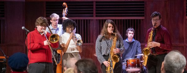 jazz artists playing instruments on ruth lilly performance hall stage