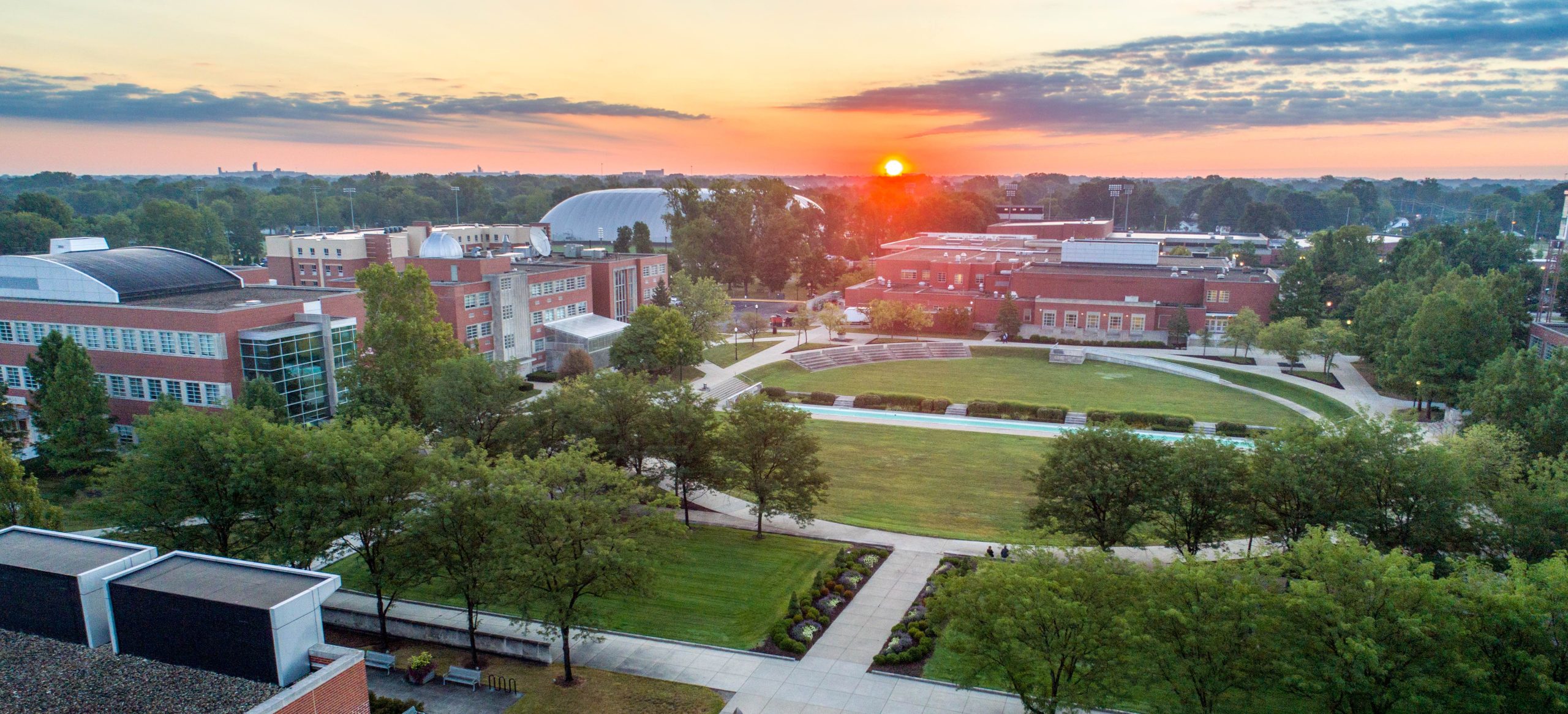 Aerial view of the University of Indianapolis at sunset.