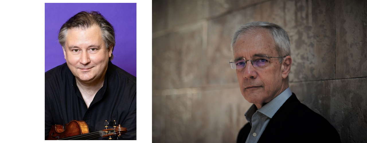 Headshots of violinist Wolfgang David and composer/pianist David Gompper