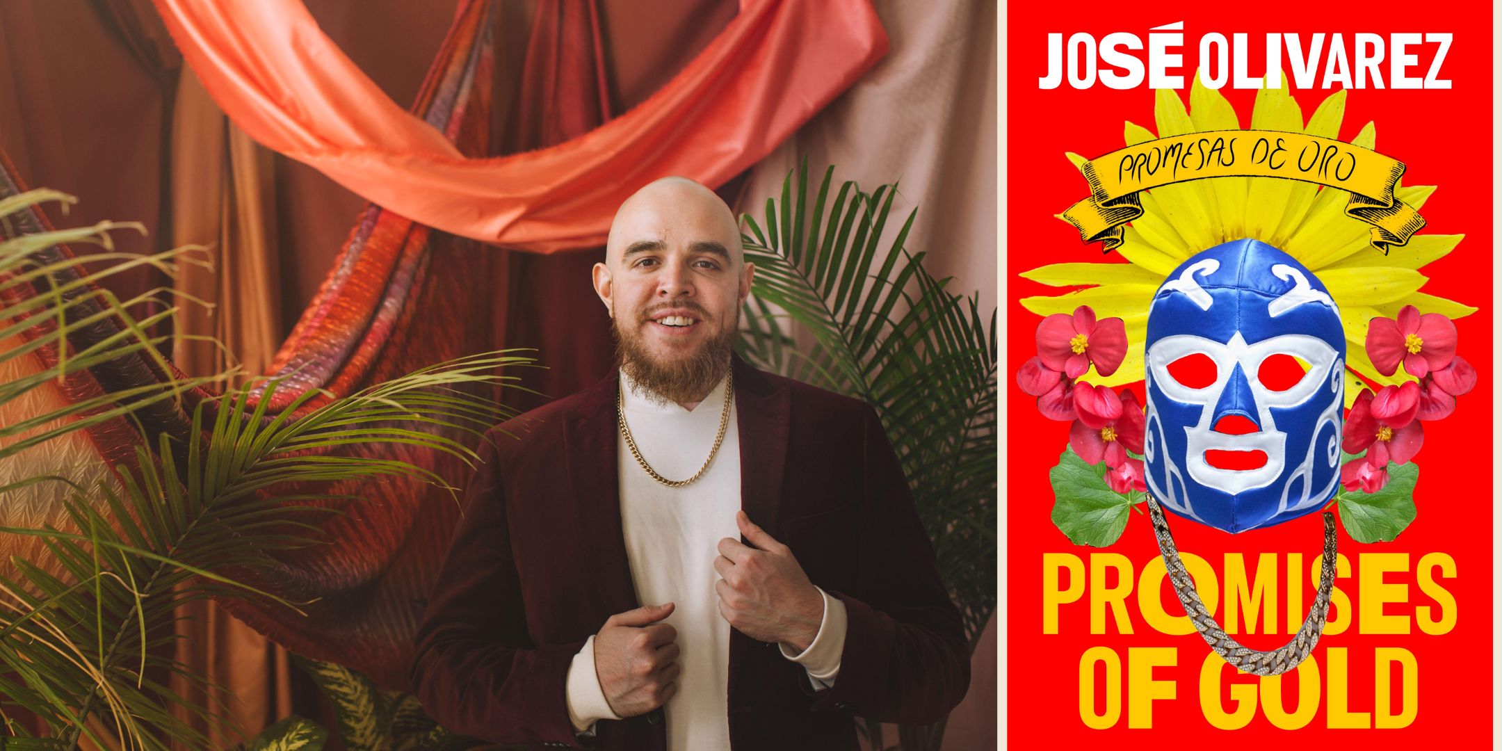 Portrait of José Olivarez and the book cover for Promises of Gold