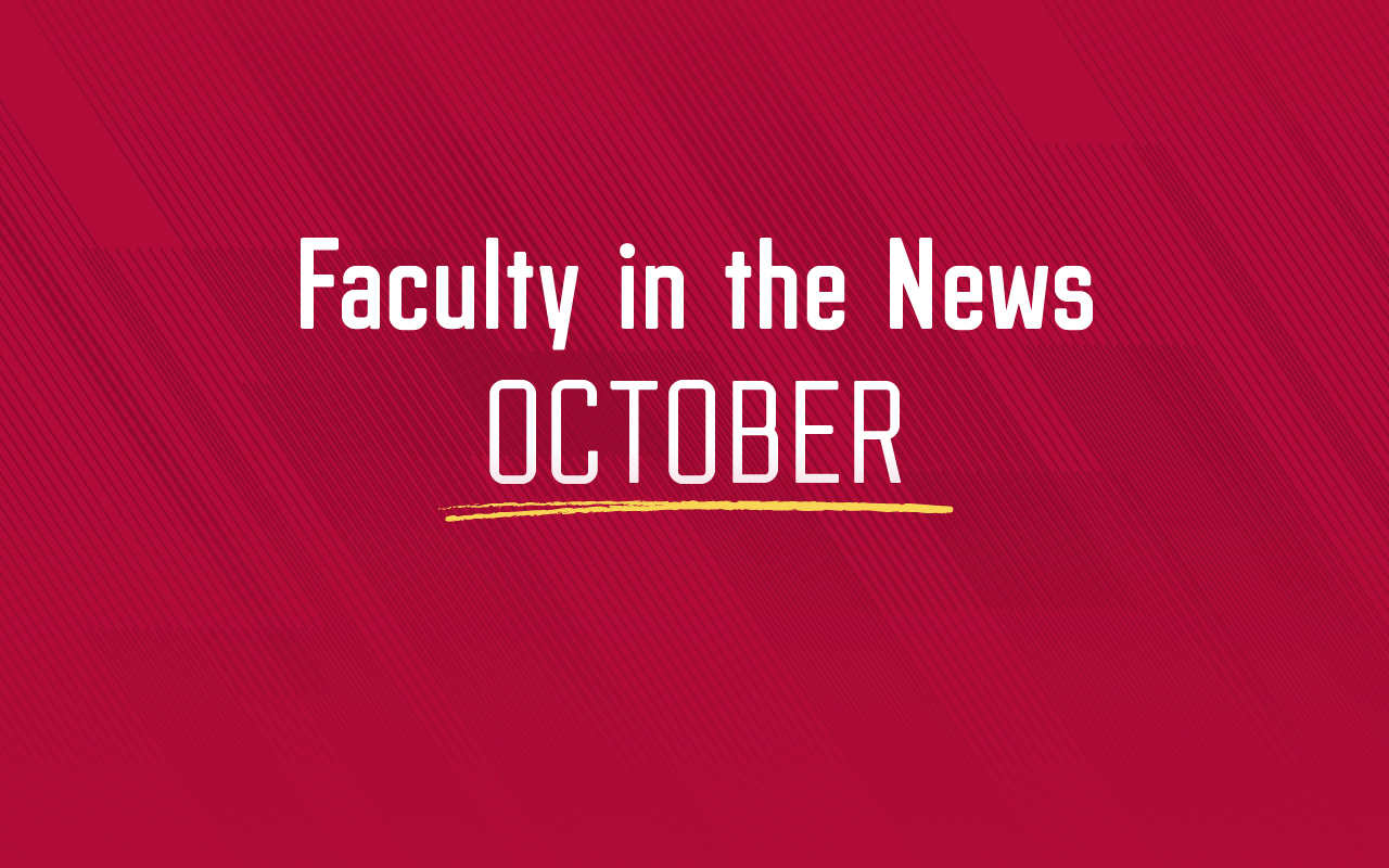 White text saying "faculty in the news october" on red background