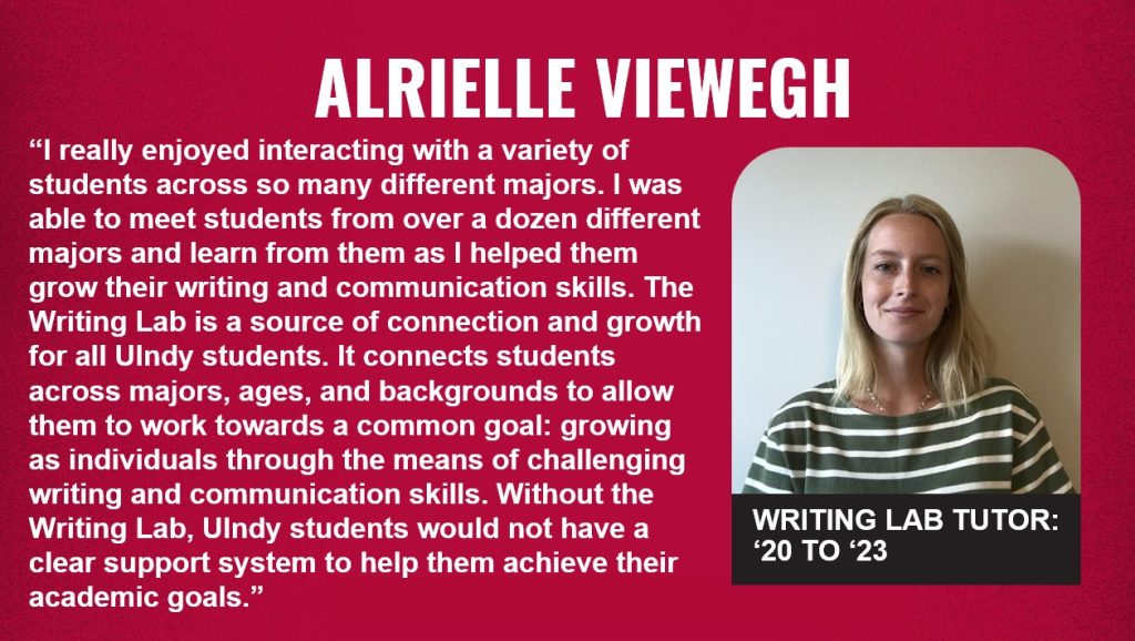 Testimonial from Alrielle Viewegh, Writing Lab tutor from 2020 to 2023