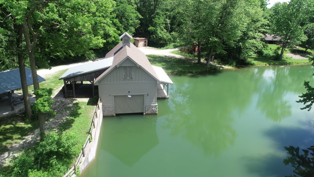 A drone picture of the Canal boathouse in Delphi