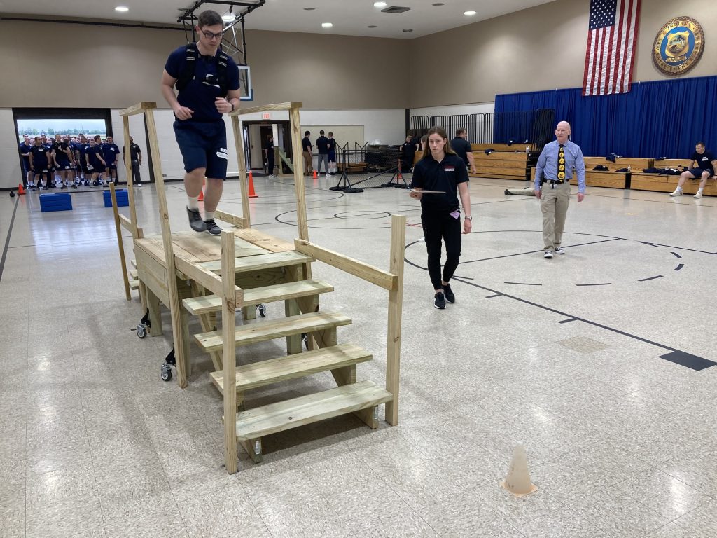 A Basic Student at the Indiana Law Enforcement Academy tries out the revamped physical fitness test under consideration.