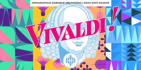 Publicity poster for Indianapolis Baroque Orchestra, featuring drawn image of Antonio Vivaldi