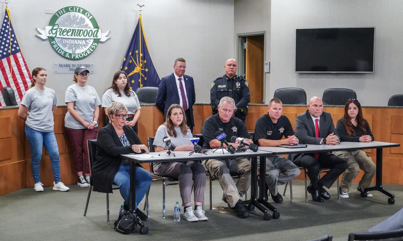 The Johnson County Coroners, Greenwood PD, the University of Indianapolis, and the representatives from the Othram Forensic DNA Testing Laboratory hold a press conference to announce the Identification of remains discovered on Otte Golf Course in Greenwood Ind. on Thursday, Sept. 5, 2024 in Greenwood Indiana. Davis's remains were discovered by children in 1991. Michelle Pemberton/IndyStar