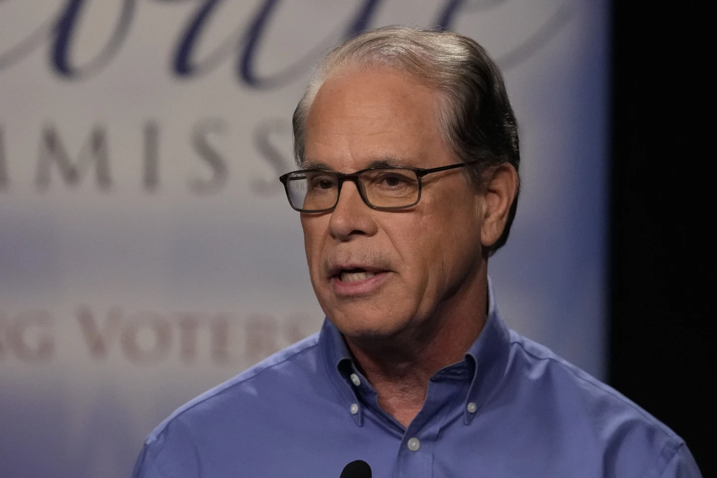 Republican candidate Sen. Mike Braun, R-Ind., speaks during a debate for Indiana governor hosted by the Indiana Debate Commission at WFYI, Thursday, Oct. 24, 2024, in Indianapolis (AP Photo/Darron Cummings, Pool)