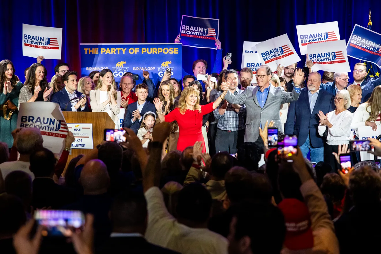 Indiana Governor-elect Mike Braun greets supporters Tuesday, Nov. 5, 2024, as Indiana Republicans hold a watch party at the JW Marriott to see the results of the general election. Courtesy: Grace Smith/IndyStar