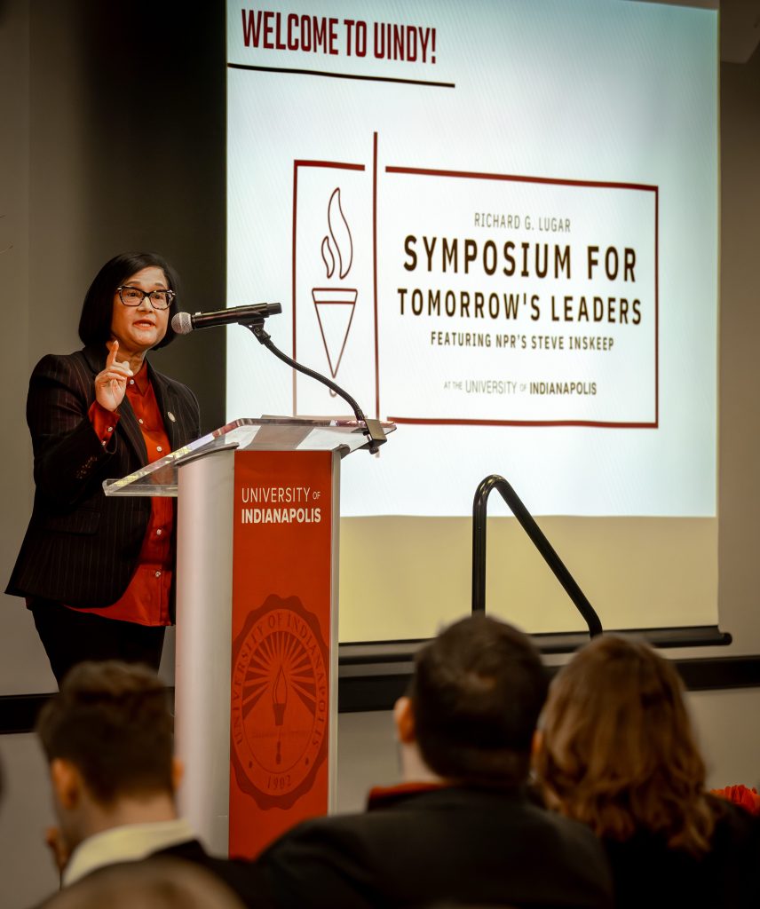 Photo of UIndy President Dr. Tanuja Singh delivering remarks at the Richard G. Lugar Symposium