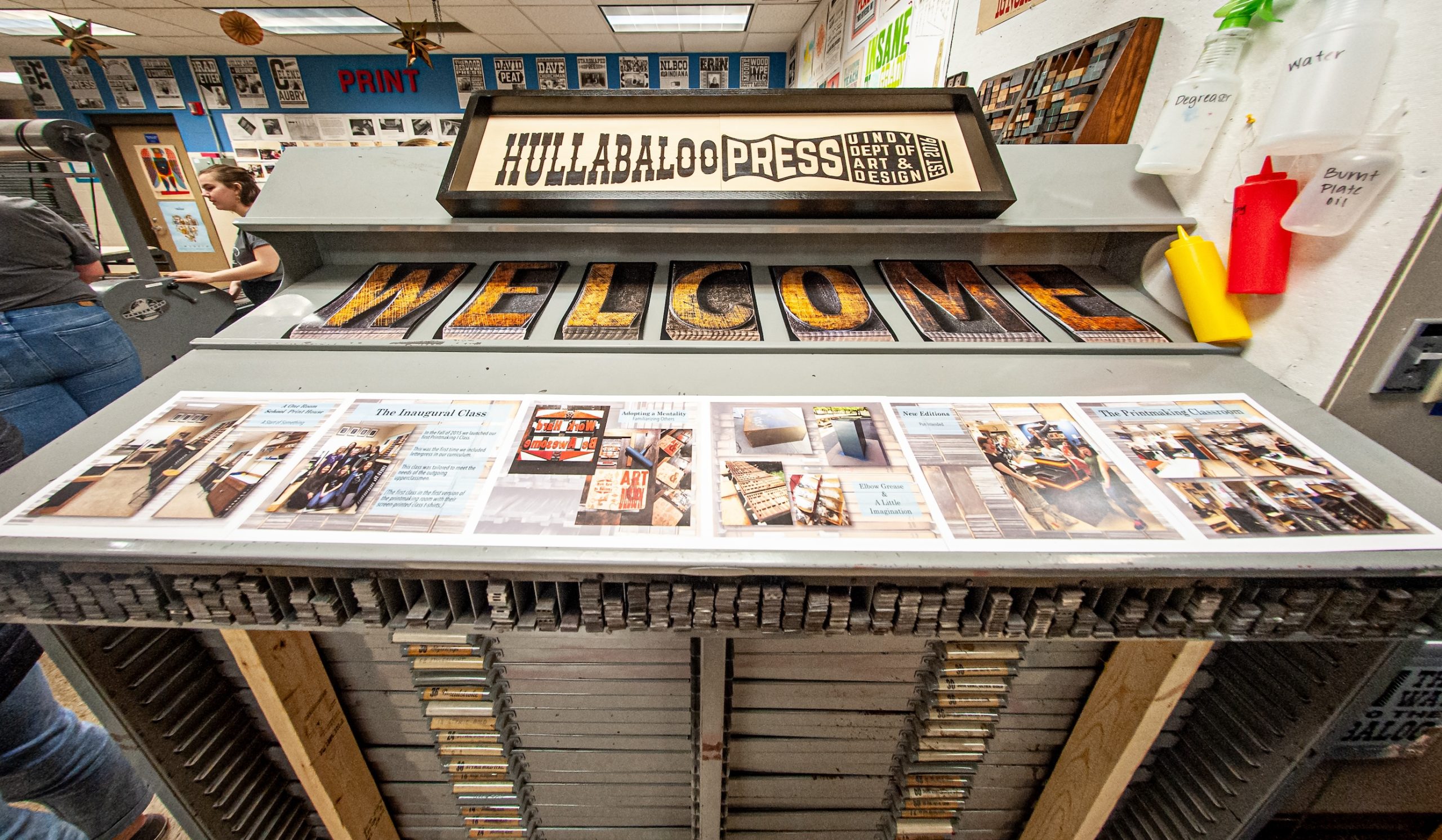 Hullabaloo 2020, an invitational exhibition of contemporary letterpress printers & bookmakers, featured a print shop open house in CDFAC on Monday, January 27, 2020. (Photo: D. Todd Moore, University of Indianapolis)