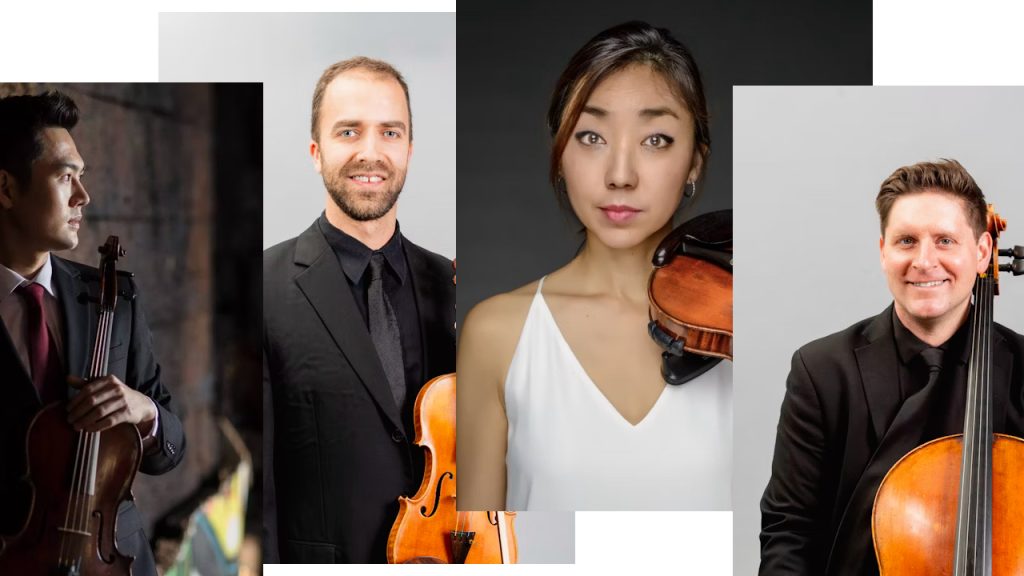 Headshots of ISO string quartet members Yang Guo, Peter Vickery, Jayna Park, and Nicholas Donatelle