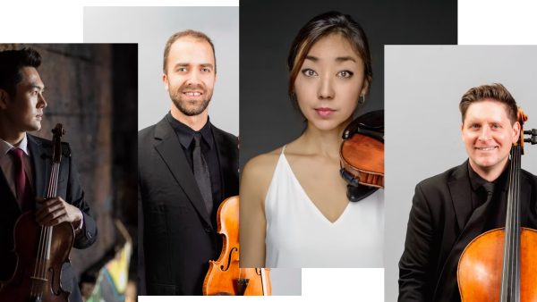 Headshots of ISO string quartet members Yang Guo, Peter Vickery, Jayna Park, and Nicholas Donatelle