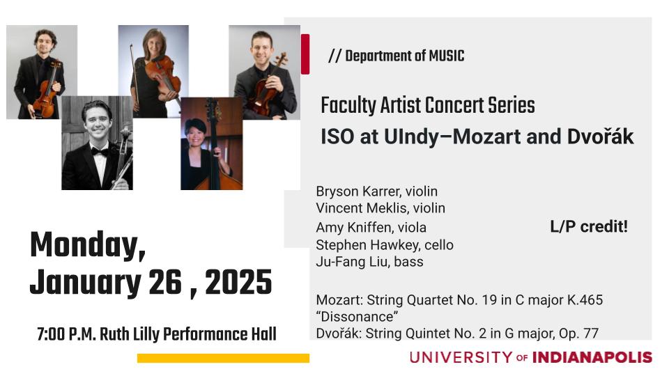 Headshots of 5 string players from the Indianapolis Symphony Orchestra