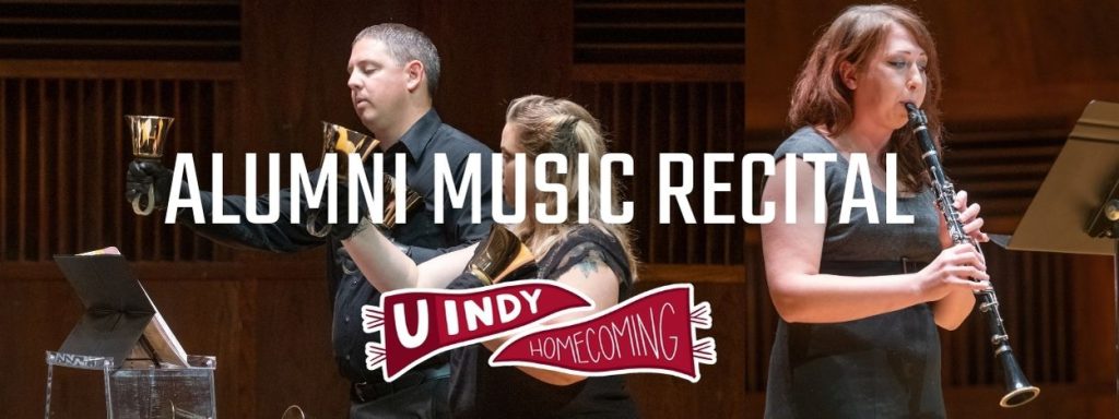 Alumni music recital, UIndy Homecoming. Musical individuals in the background.