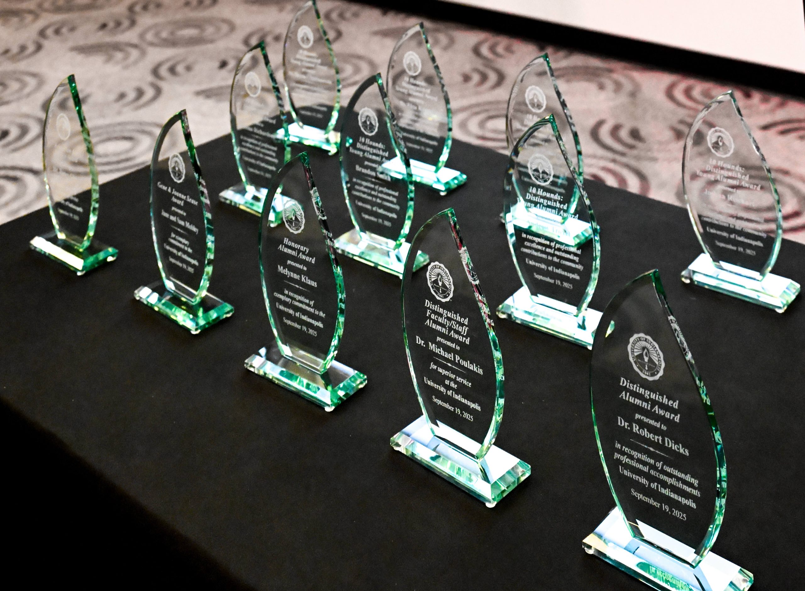 Photo of the awards for the 2025 UIndy Alumni Awards