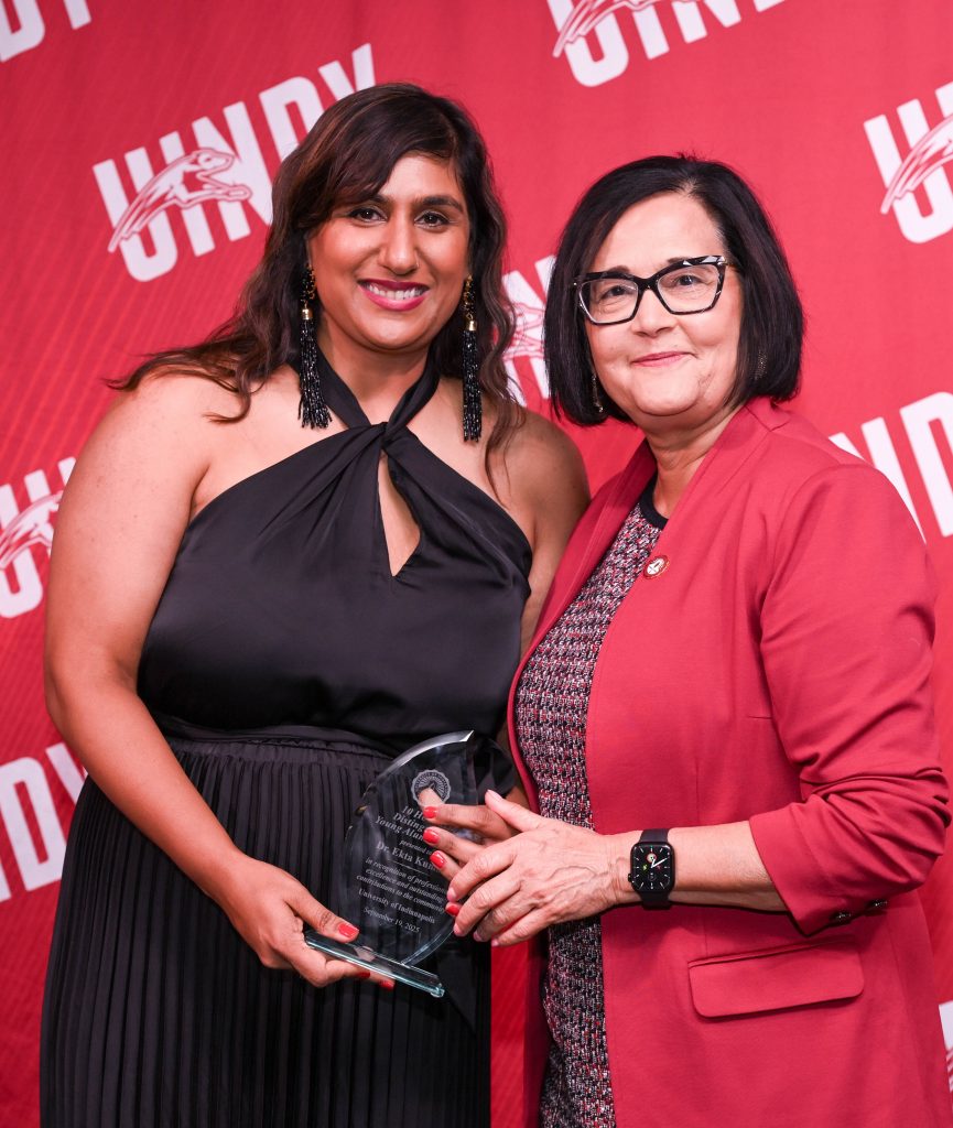 Photo of Dr. Ekta Kumar with UIndy President Tanuja Singh