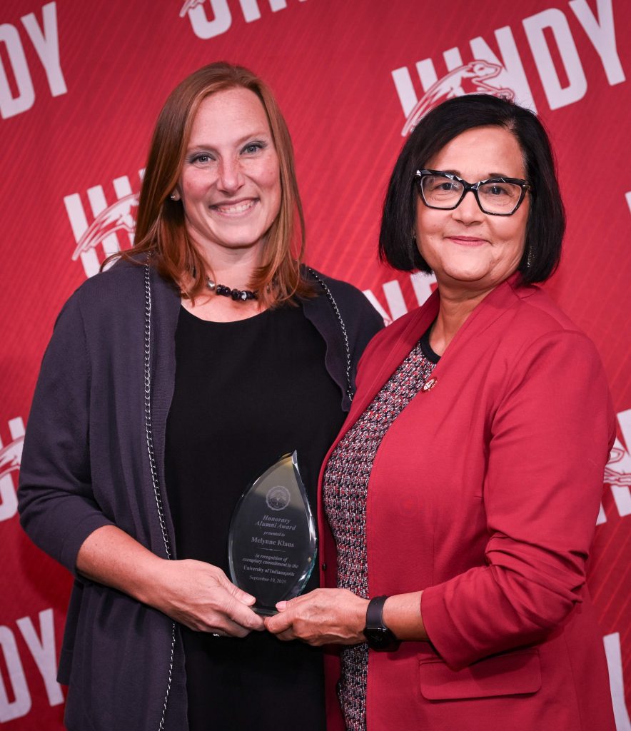 Photo of Melynne Klaus with UIndy President Tanuja Singh