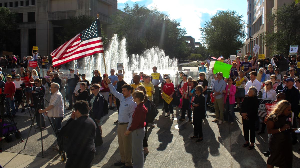 Protesters gathered at the Indiana Statehouse on Tuesday, August 26, as Republican lawmakers met with President Donald Trump at the White House during his administration’s push to redraw maps in states like Indiana to boost GOP power in future elections. Farrah Anderson / WFYI
