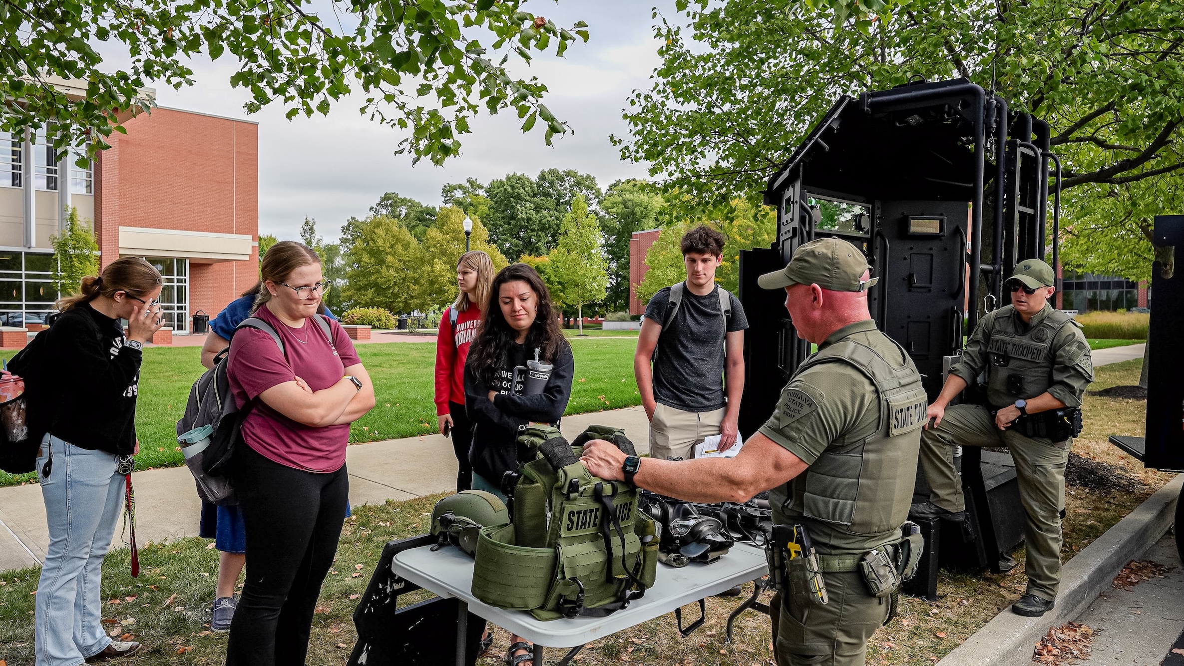 UIndy students talk with Indiana State Police as part of the Careers in Public Safety event on Oct. 6, 2025