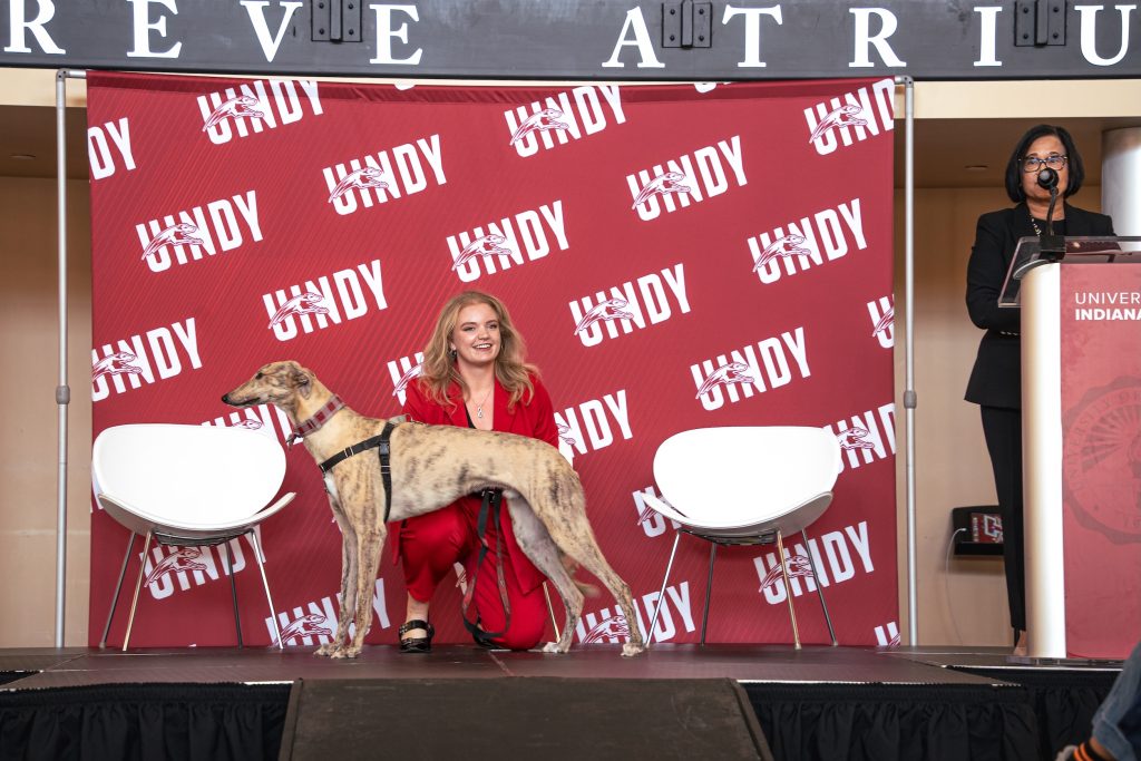UIndy mascot handler Coran Sigman with Grady II