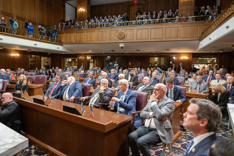Gov. Mike Braun gave an address to a joint session of the Indiana General Assembly on Jan. 29. (IBJ photo/Chad Williams)