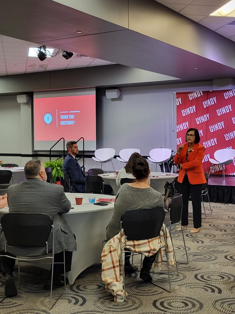 Photo of UIndy President Dr. Tanuja Singh giving the keynote address at Meet UIndy