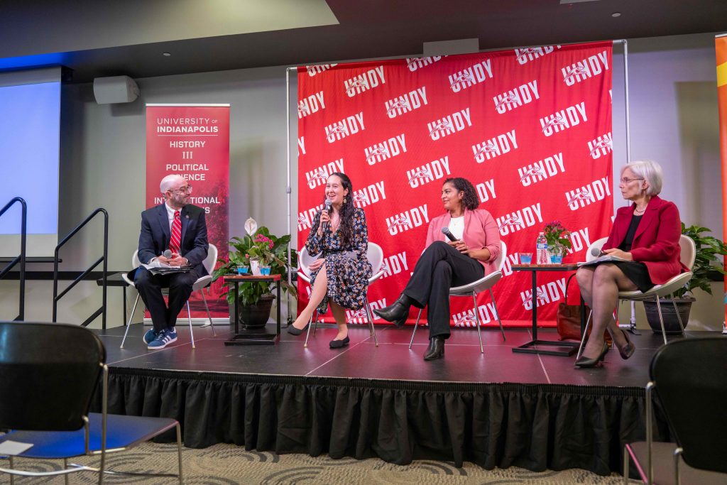 Dr. Ted Frantz, Yecenia Tostado, Melissa Coe, and Dr. Ellen Szarleta on a panel at the 11th Richard M. Fairbanks Symposium