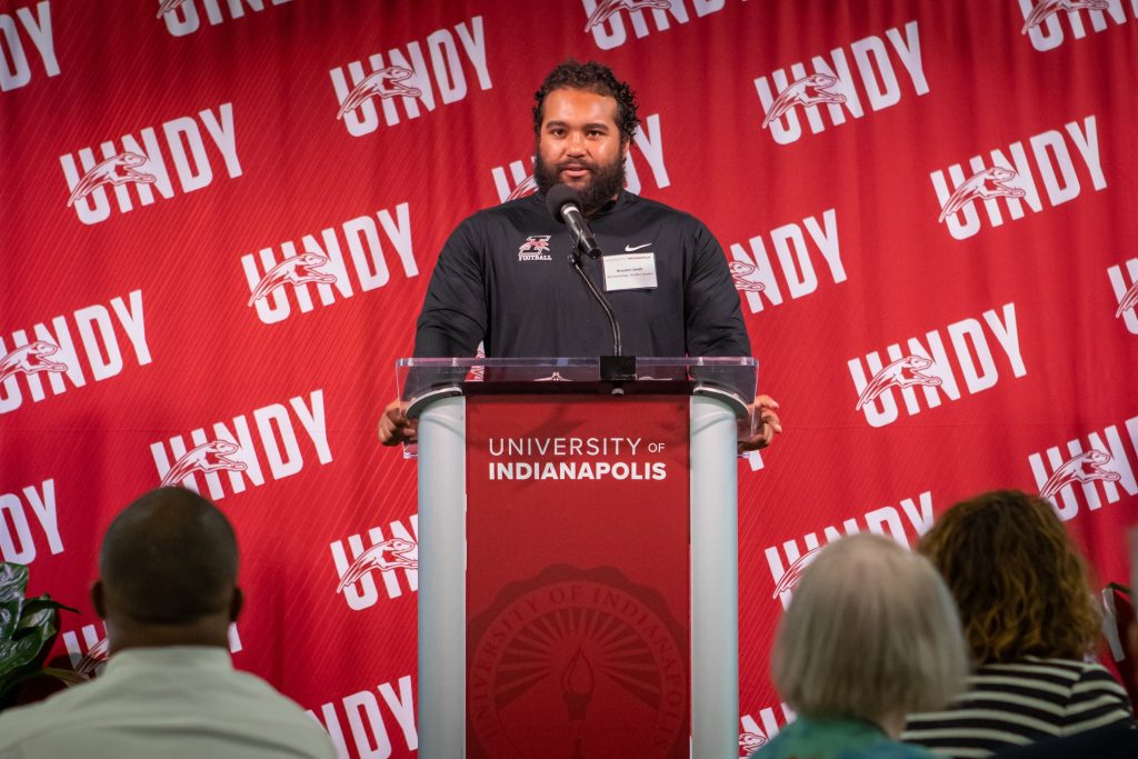 UIndy student Brandon Smith gives a speech at Philanthropy Lunch