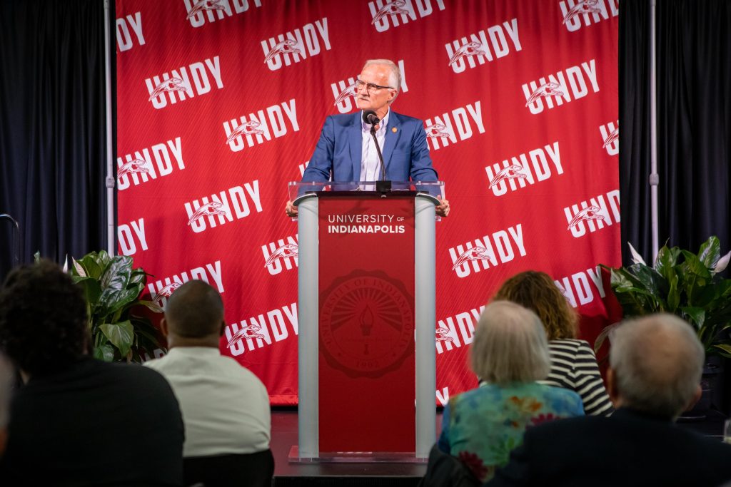 UIndy Board of Trustees member Kevin R. Armstrong delivers remarks at Philanthropy Lunch