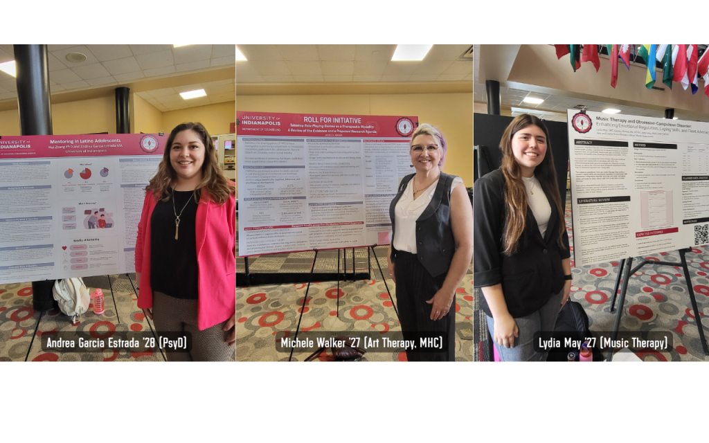 Andrea Garcia Estrada, Michele Walker, and Lydia May in front of their Scholars Showcase presentations
