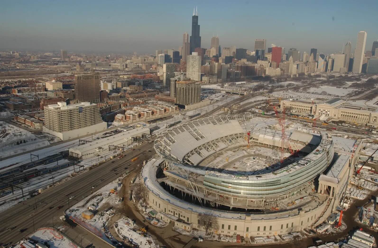 Soldier Field under construction on Dec. 5, 2002. The renovation was completed in 2003. The team kicked in $200 million toward the $632 million project, but the public still owes $467 million for the job. (José Moré/Chicago Tribune)