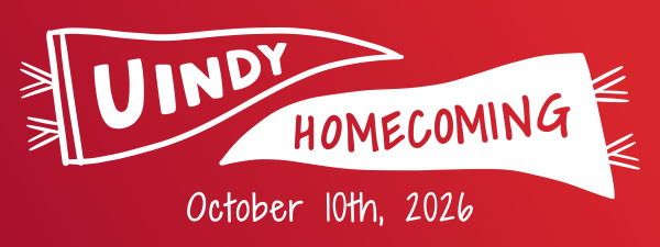 UIndy Homecoming, October 10th 2026 illustrated red and white banner
